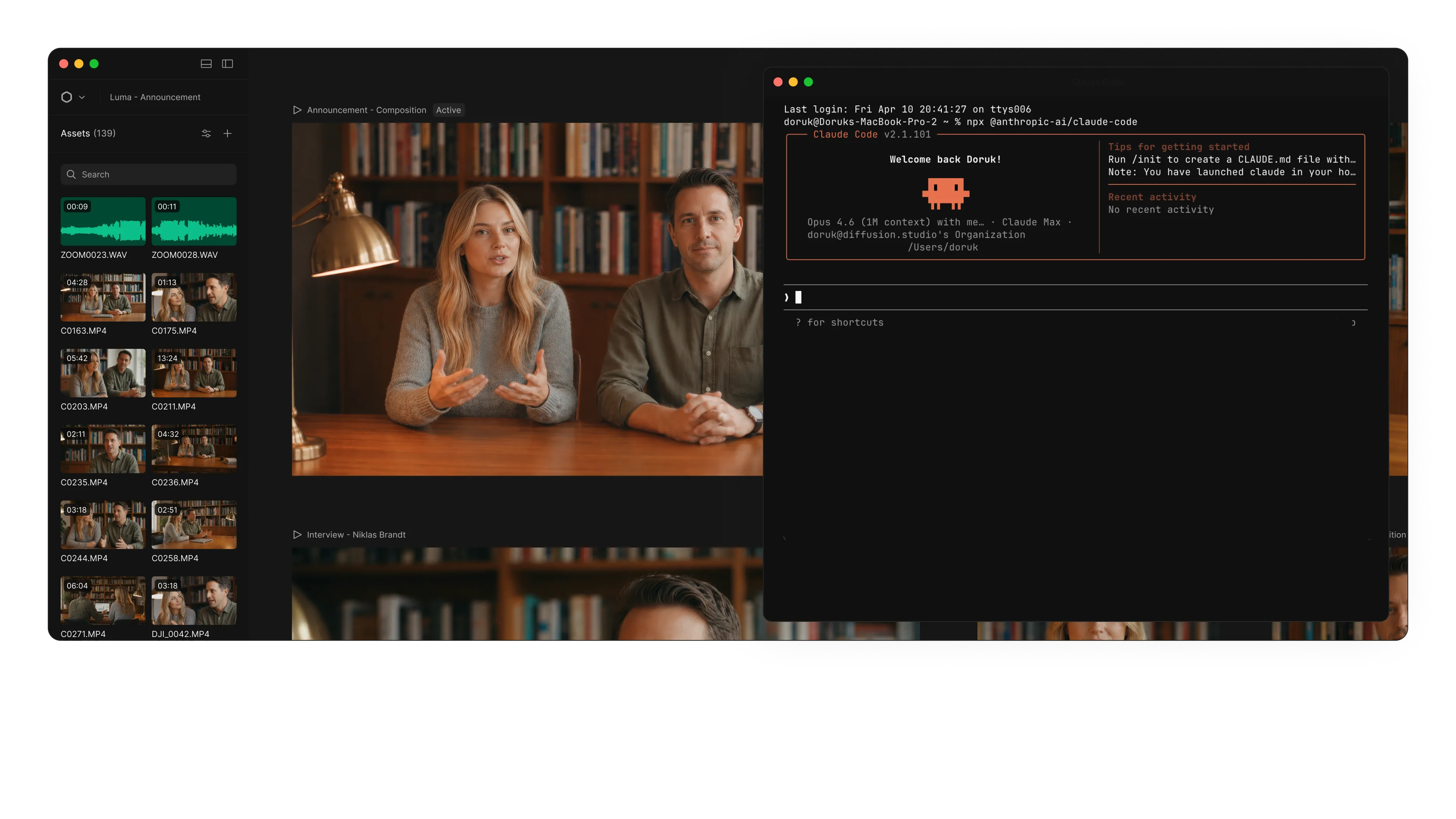 macOS desktop showing Diffusion Studio and Claude Code running side by side with the app dock below.