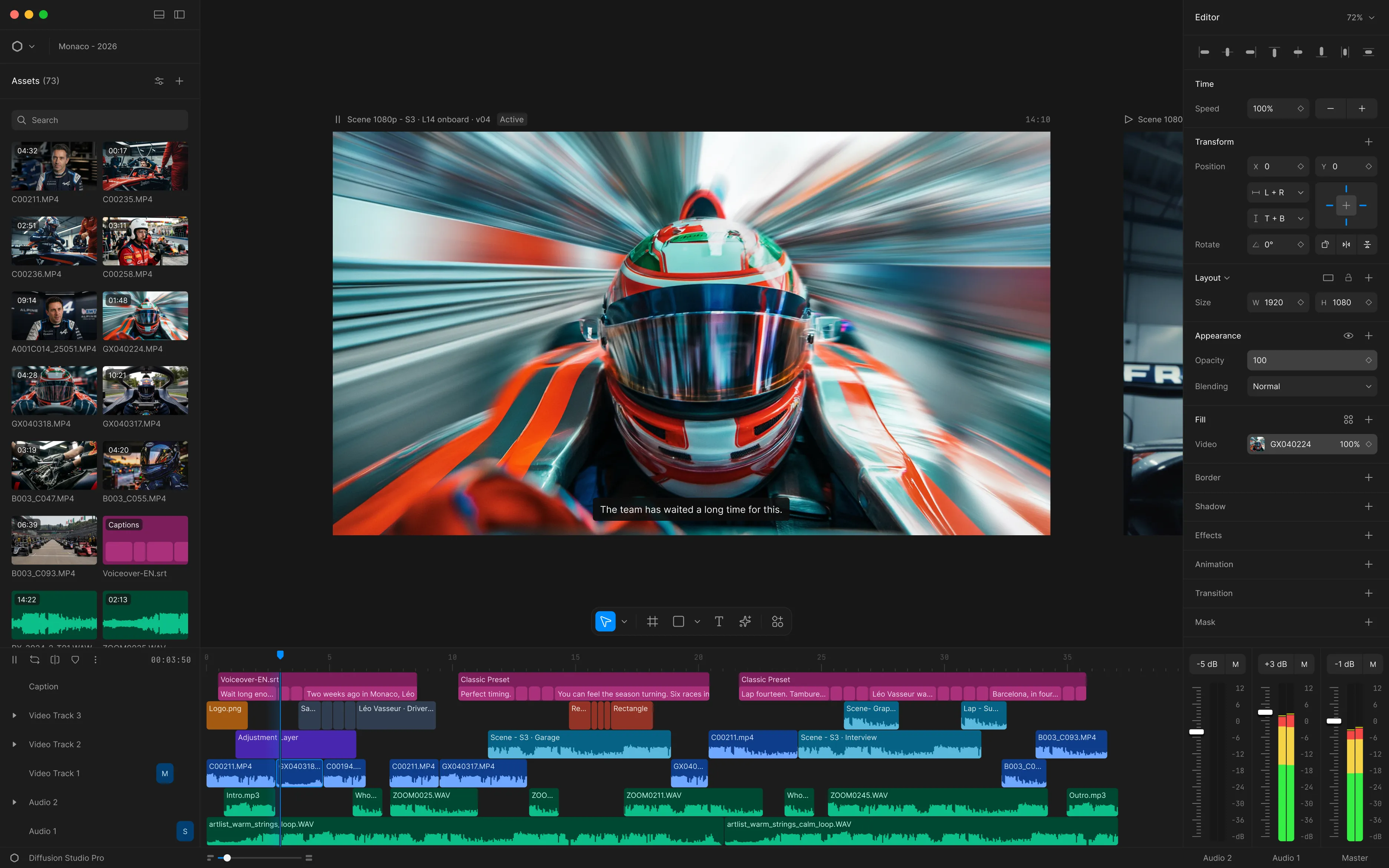 Diffusion Studio editor with an asset library, preview canvas showing a racing scene, multi-track timeline, and a properties inspector.