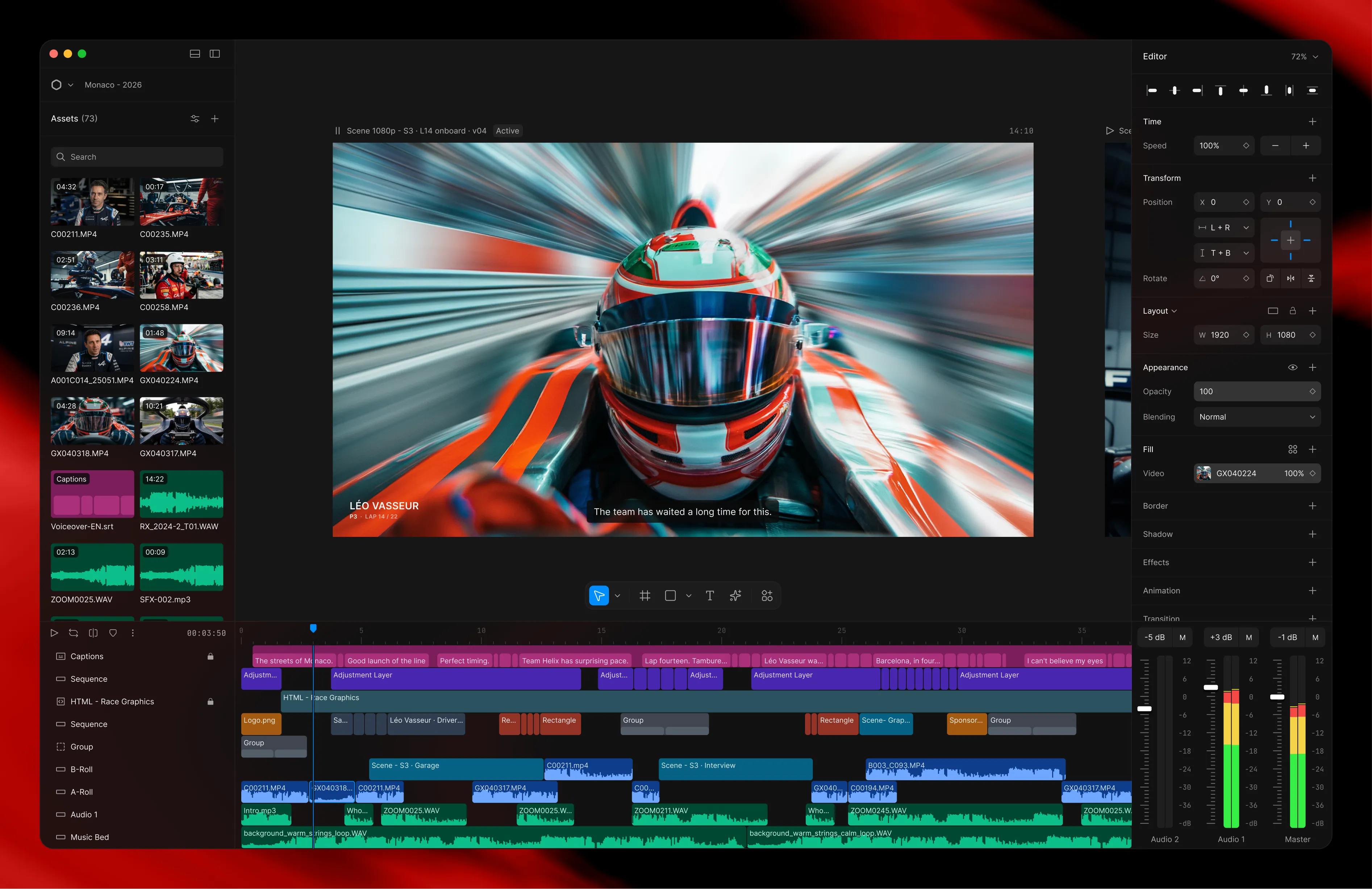 Diffusion Studio editor with an asset library, preview canvas showing a racing scene, multi-track timeline, and a properties inspector.