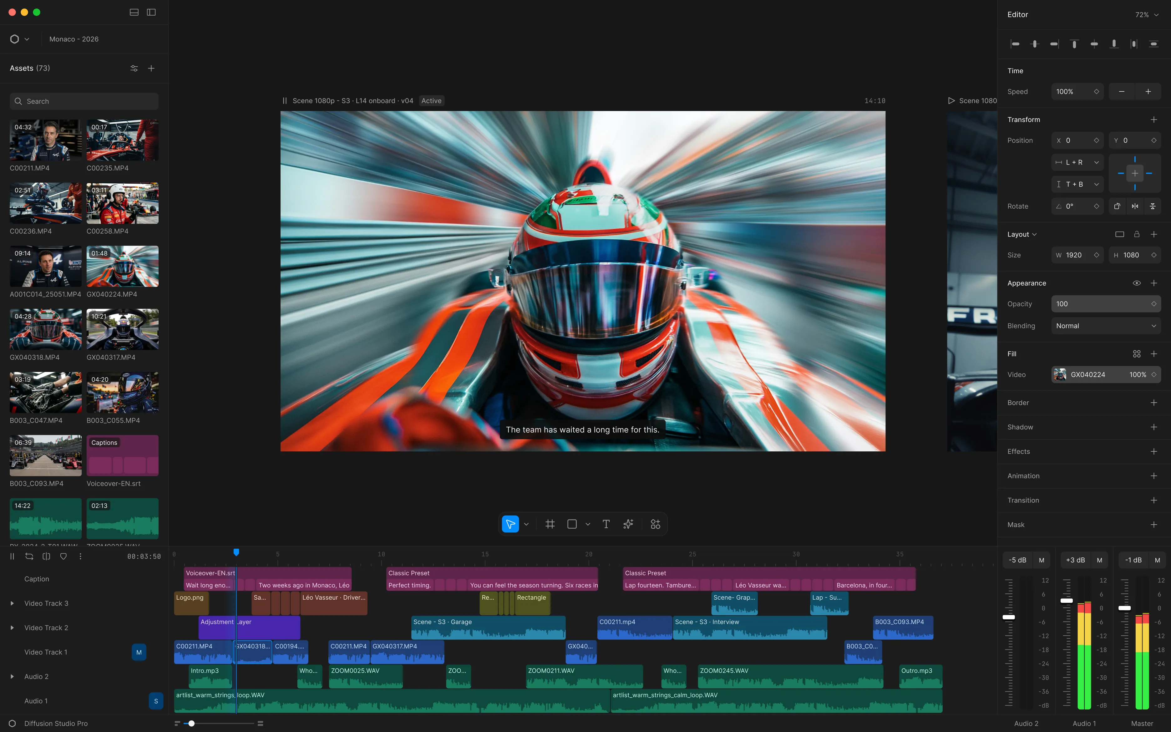 Diffusion Studio editor with an asset library, preview canvas showing a racing scene, multi-track timeline, and a properties inspector.