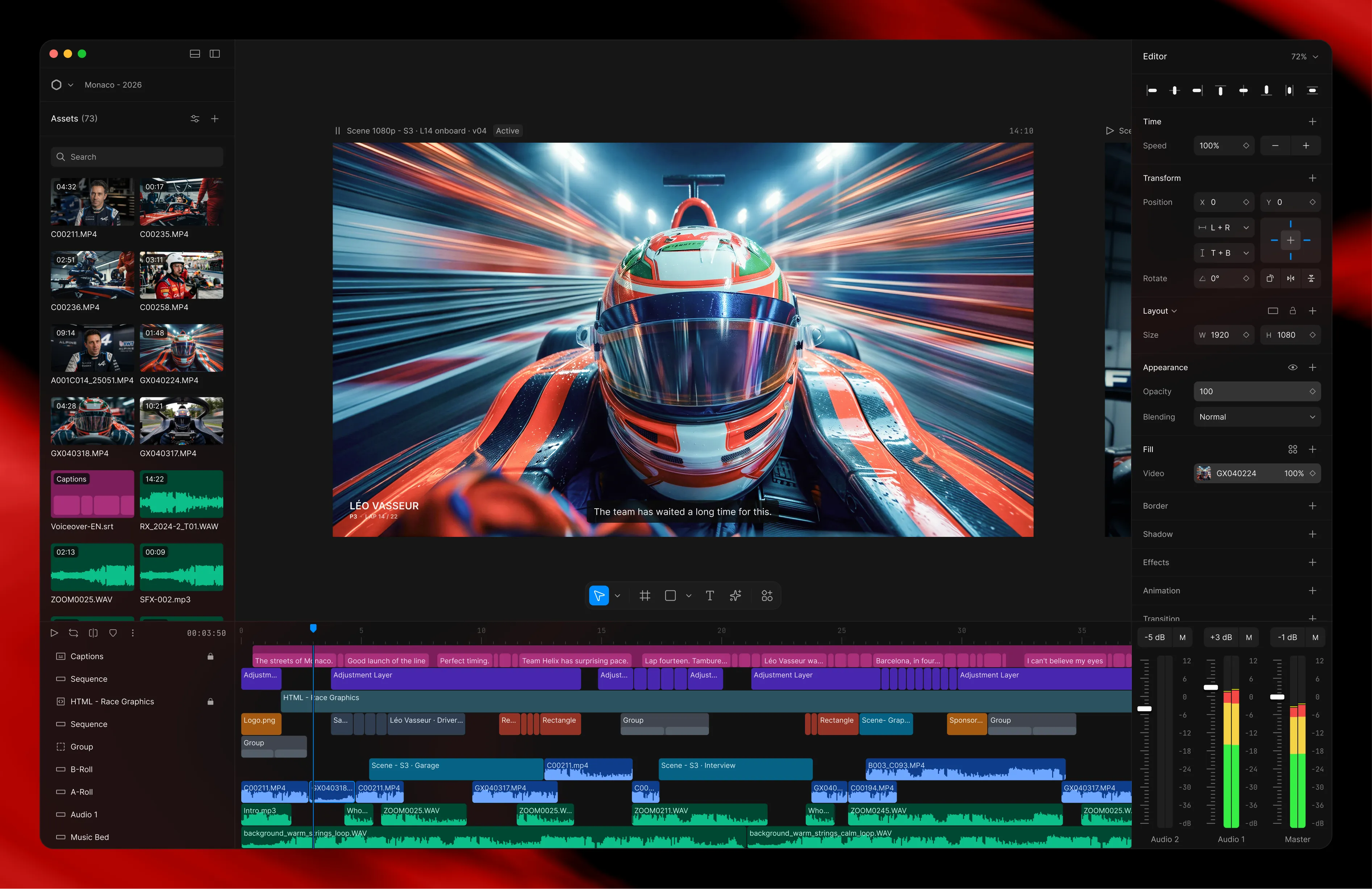 Diffusion Studio editor with an asset library, preview canvas showing a racing scene, multi-track timeline, and a properties inspector.