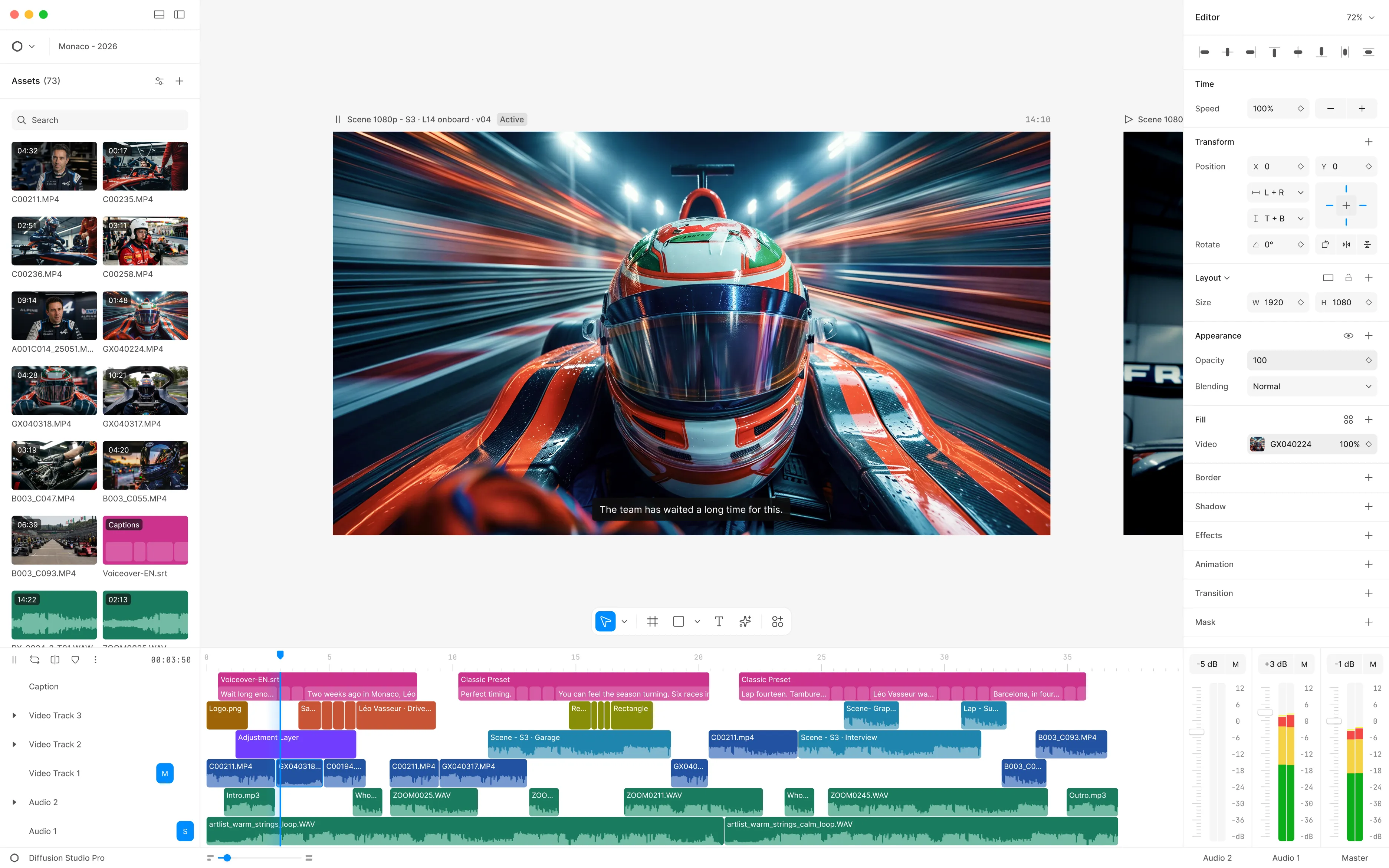 Diffusion Studio editor with an asset library, preview canvas showing a racing scene, multi-track timeline, and a properties inspector.
