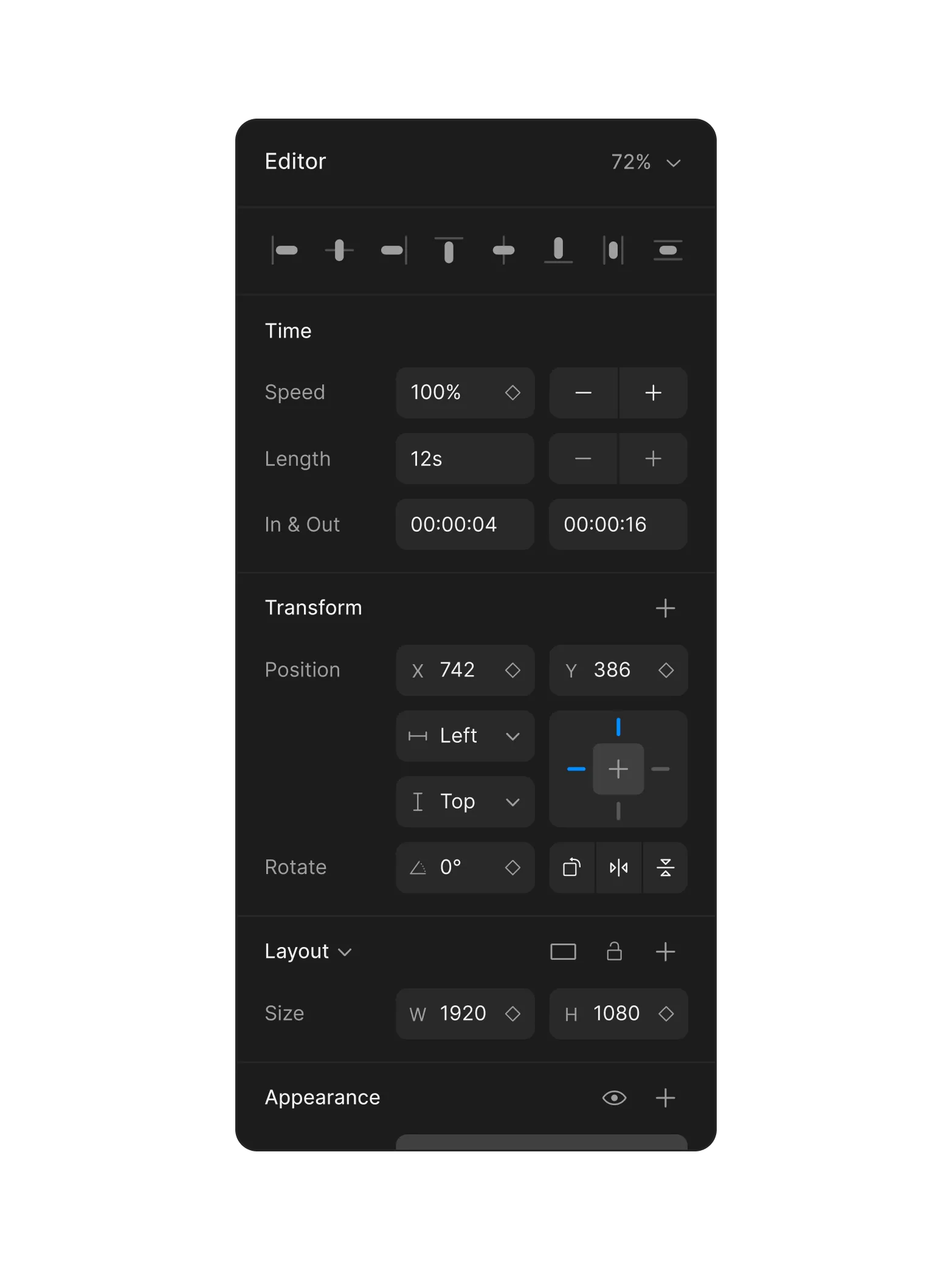 Editor panel showing time, transform, layout, and appearance controls