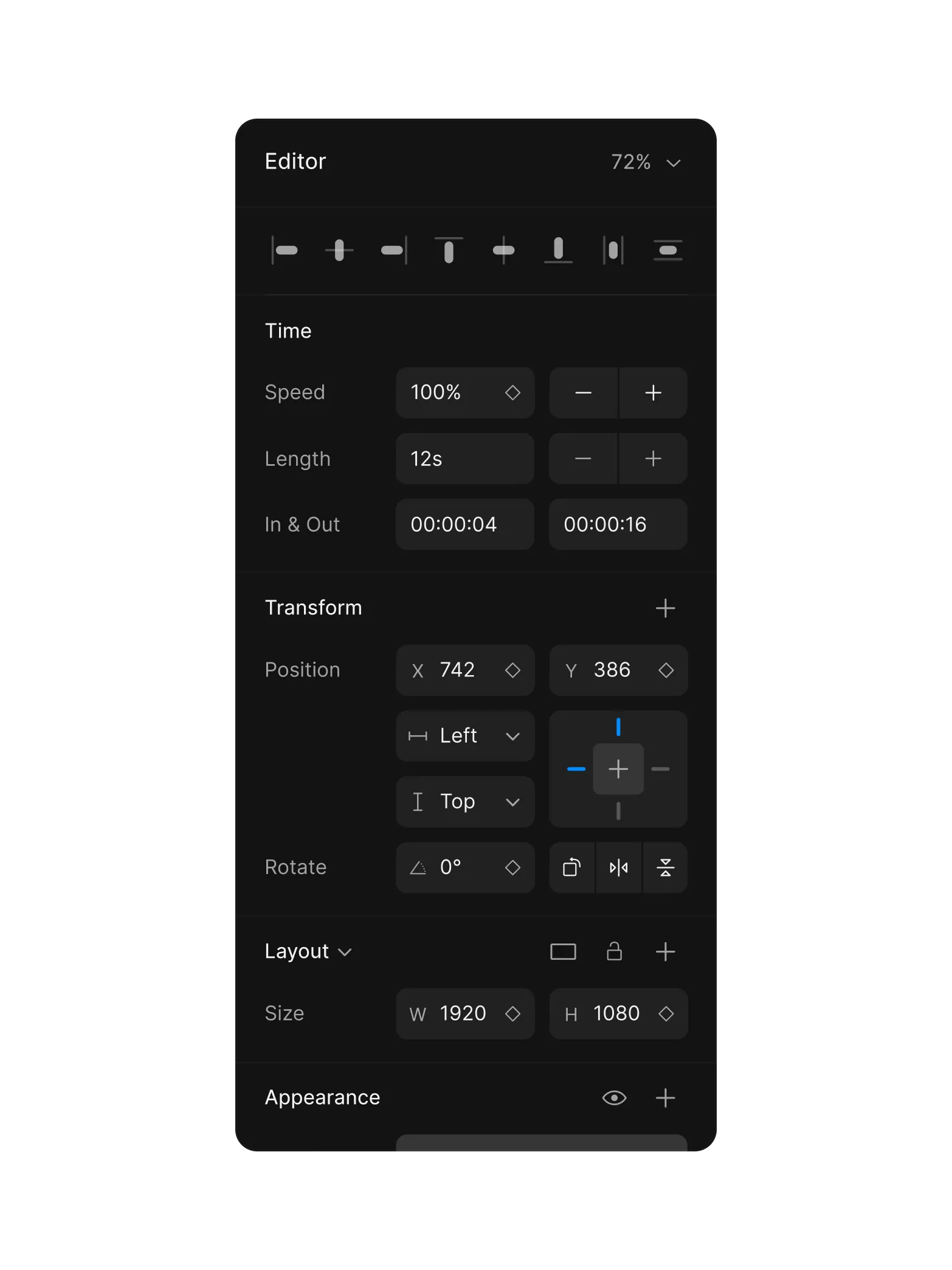 Editor panel showing time, transform, layout, and appearance controls