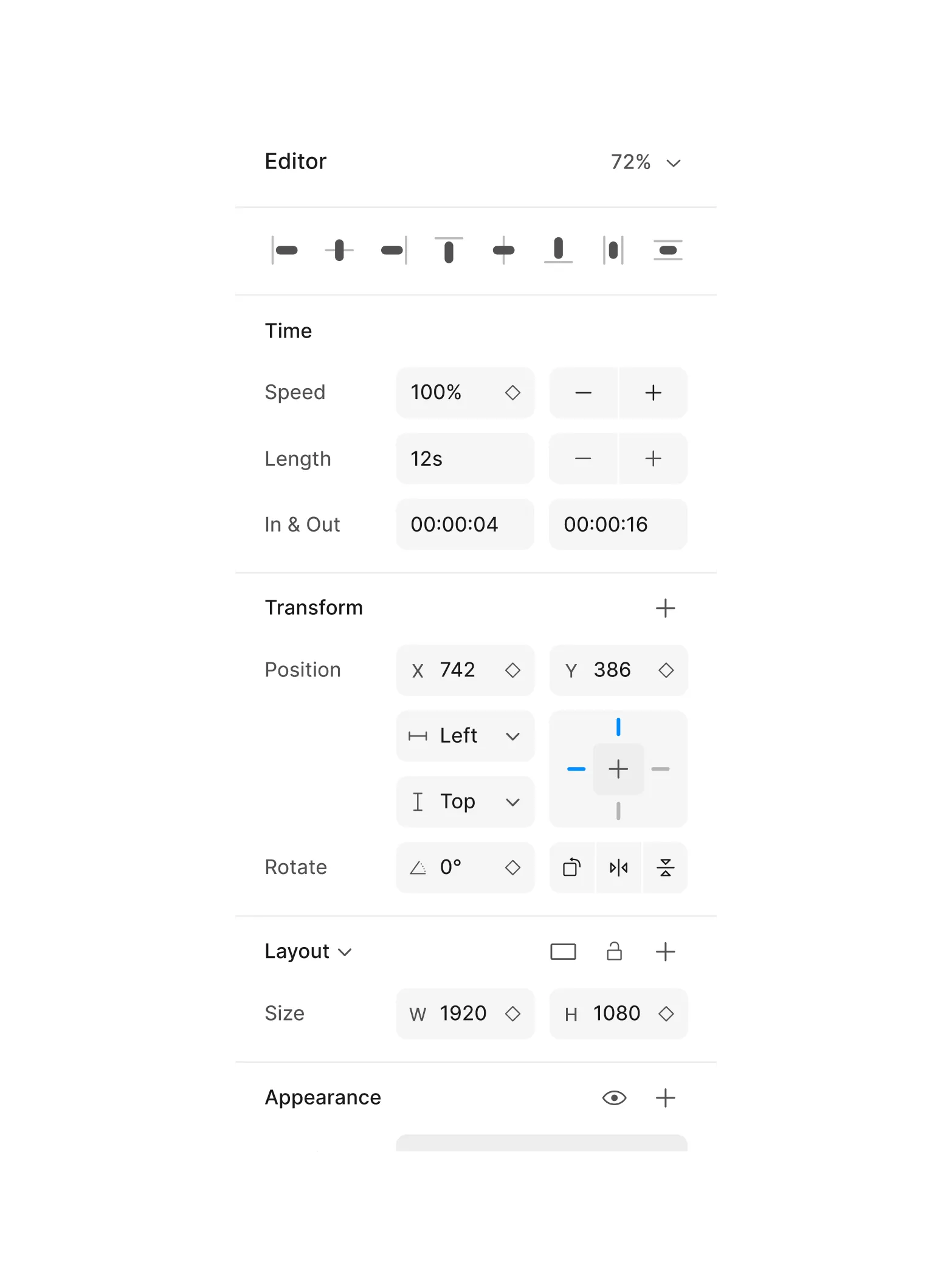 Editor panel showing time, transform, layout, and appearance controls