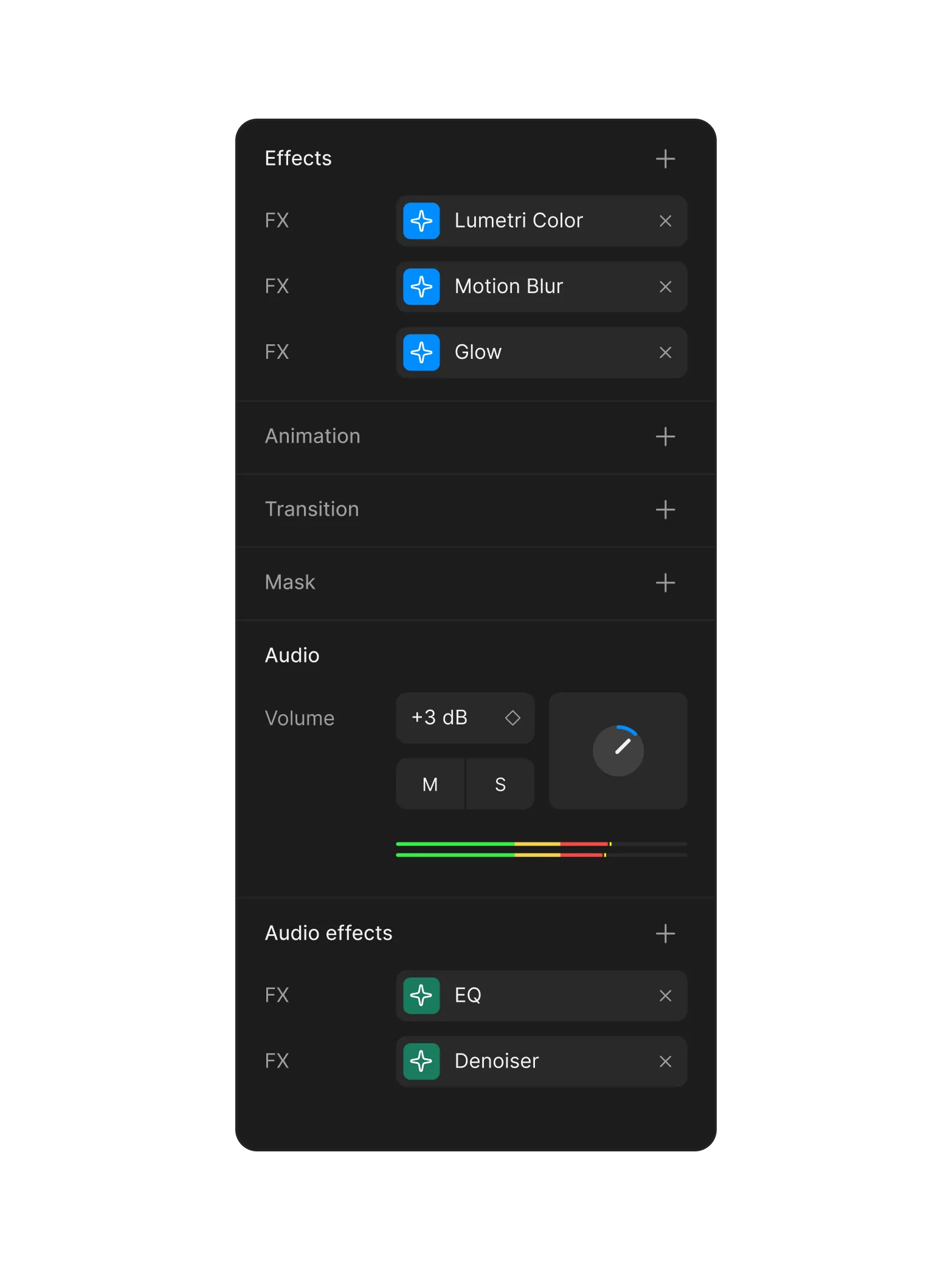 Editor panel showing visual effects like Lumetri Color and Motion Blur, audio volume controls, and audio effects like EQ and Denoiser.