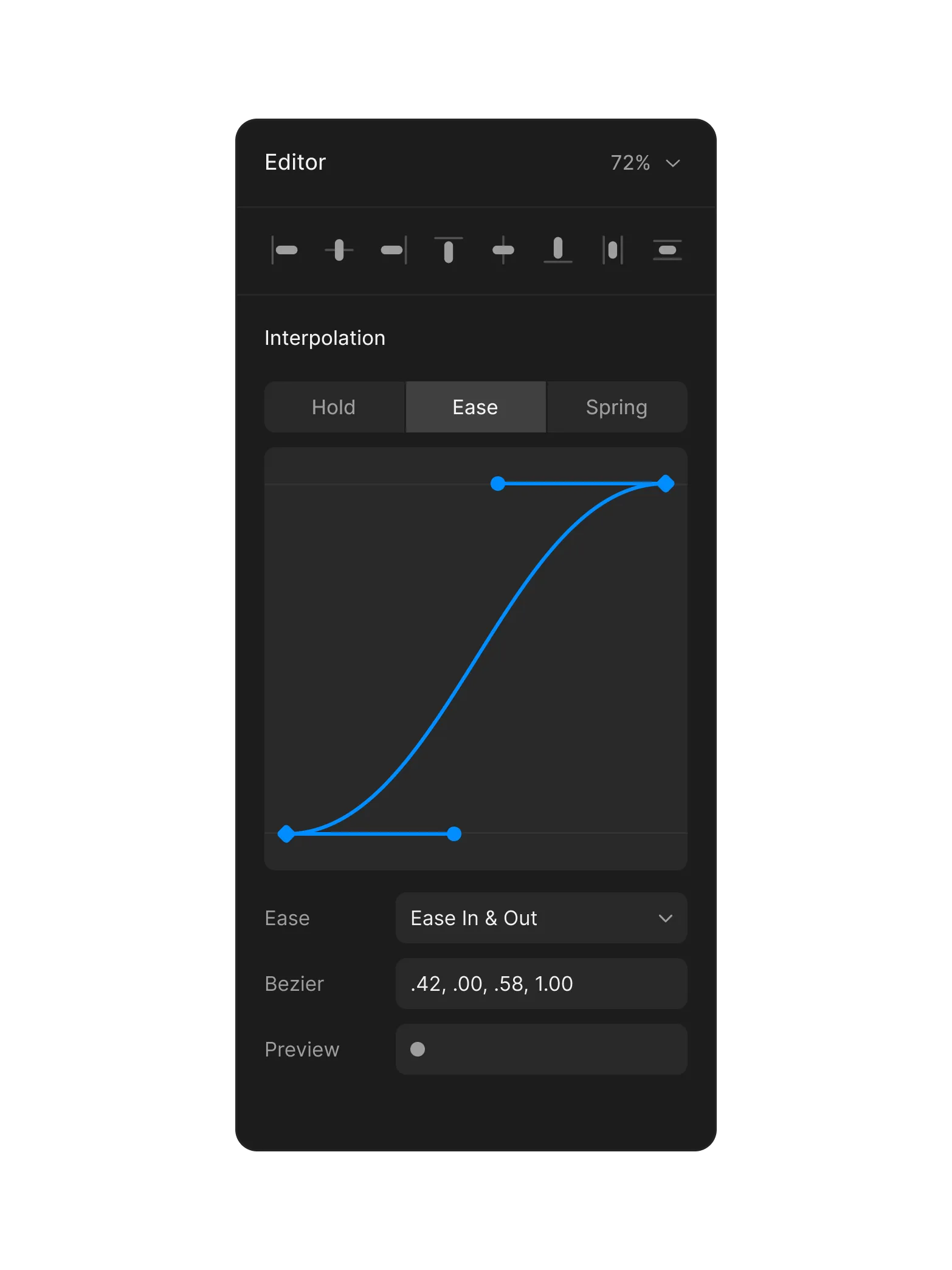 Editor panel showing an ease-in-out bezier curve with control points, interpolation mode tabs, and bezier value inputs.