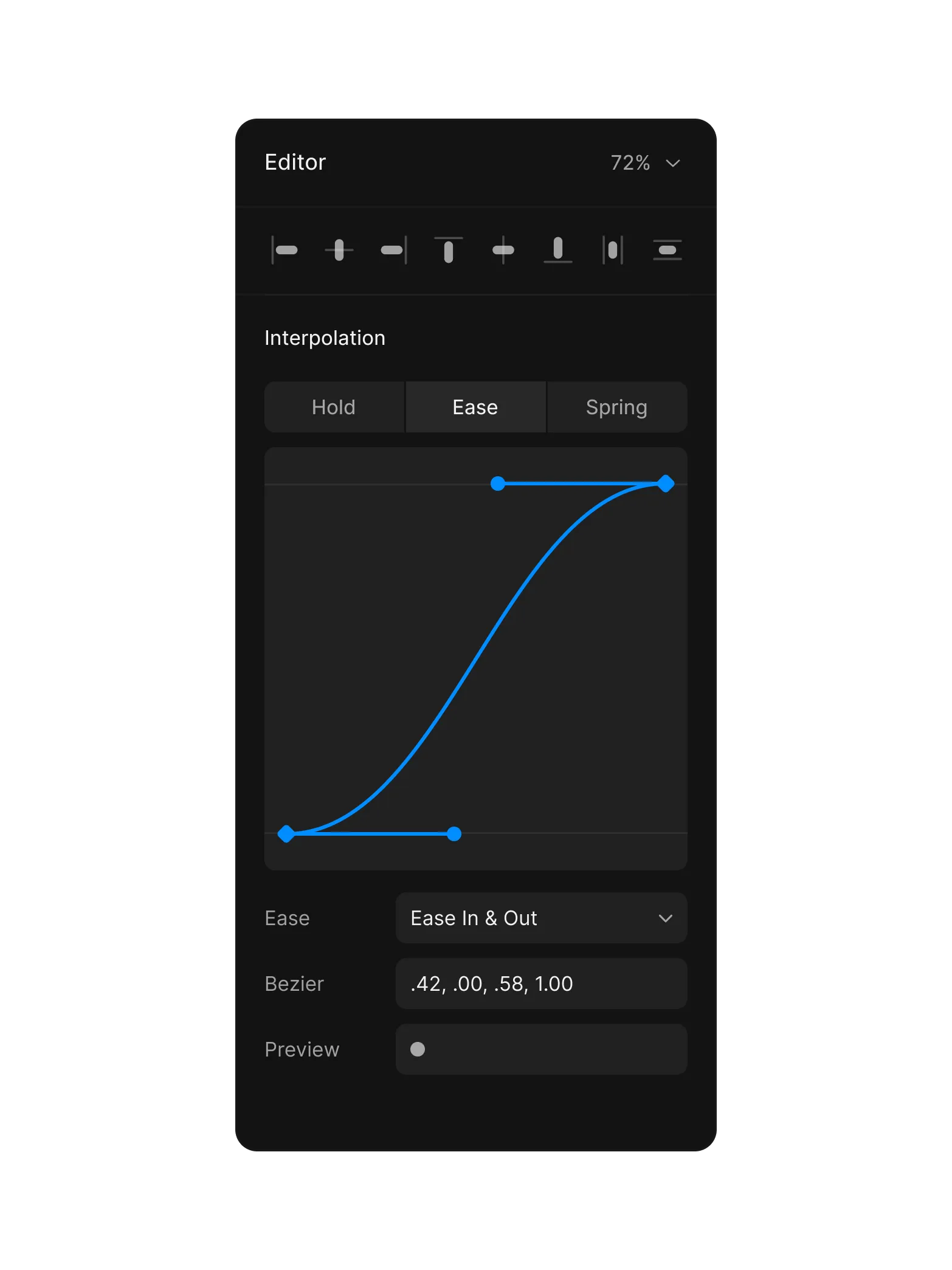 Editor panel showing an ease-in-out bezier curve with control points, interpolation mode tabs, and bezier value inputs.