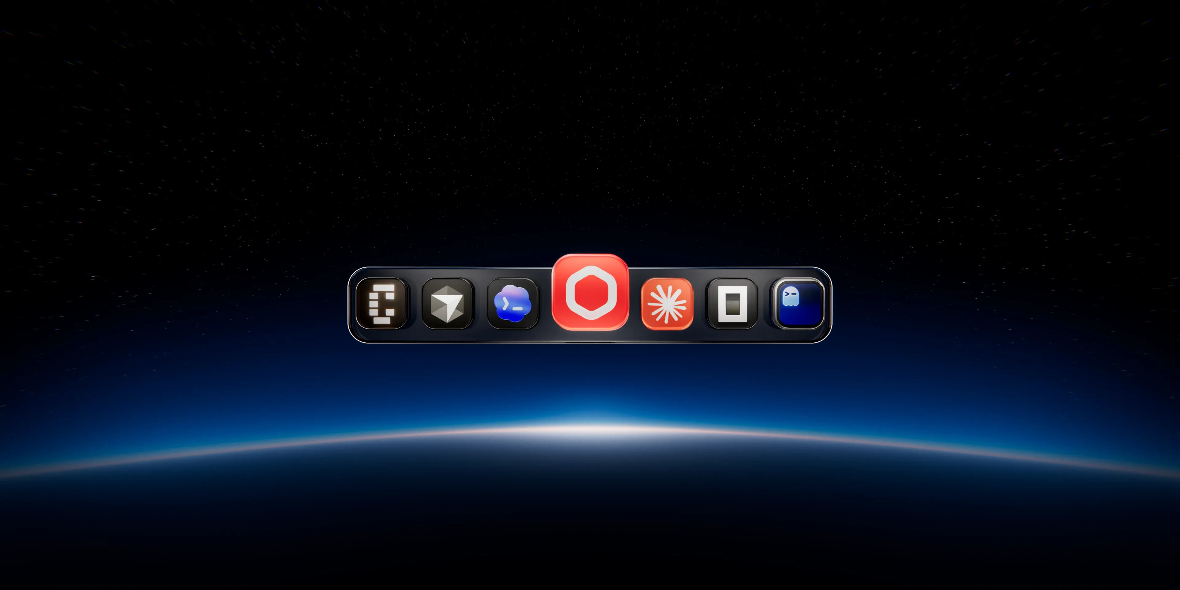 A macOS dock holding Diffusion Studio alongside the coding agents it works with, floating in space above the curve of a planet at sunrise.