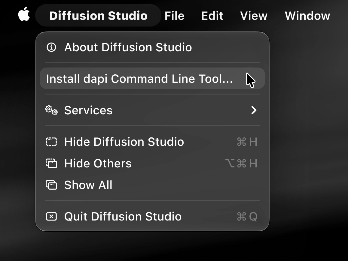 The Diffusion Studio menu open in the macOS menu bar, with Install dapi Command Line Tool highlighted.